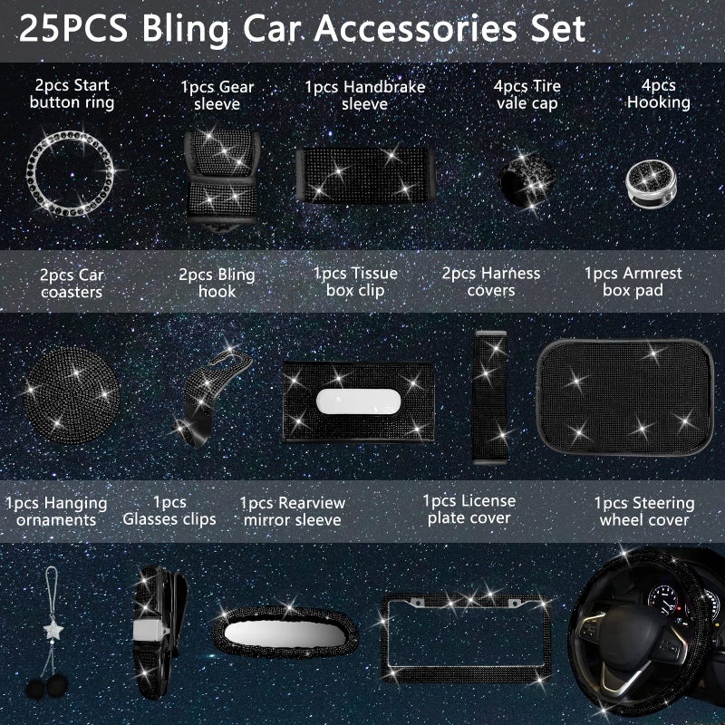 JINGSEN 25PCS Bling Car Parts Set  Car Parts Set Female Plug Universal 15 Inch  Shiny License Plate Frame  Center Console Cover and Rearview Mirror Set and Other Car Accessories(Black) - Image 2